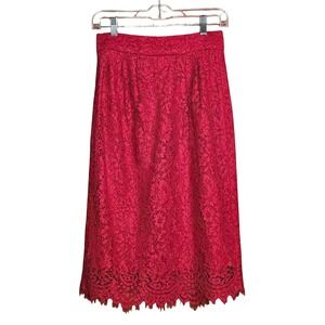 Women's Red J Crew Knee Length Floral Lace Overlay Pencil Skirt Size 00 Romantic